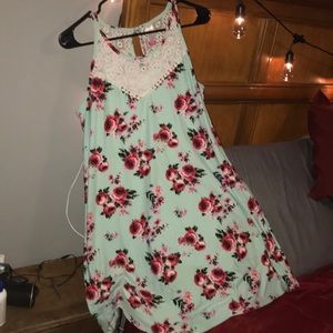 Long turquoise dress, with lace top, size large.